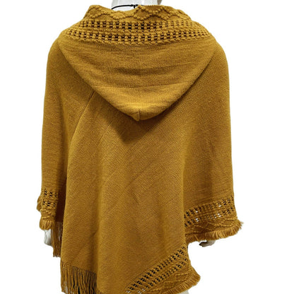 Summer Solid Color Hooded Shawl Women'S Knitting Outside With Spring And Autumn Travel Tassel Pullover Hooded Cape Shawl