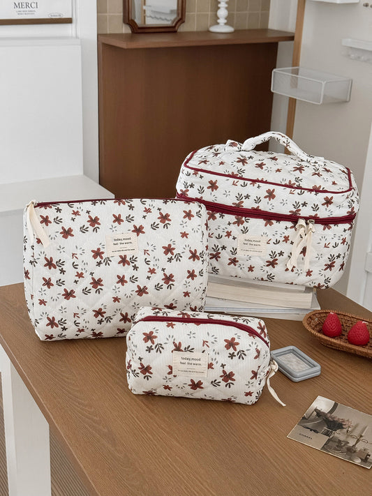 Orange Floral Corduroy Makeup Bag Spacious Outdoor Travel Toiletry Bag