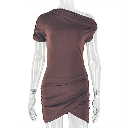 Solid Color Bodycon Dress With Asymmetrical Neckline