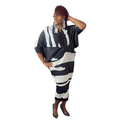 Fashion Batwing Sleeve Printed V-Neck Dress