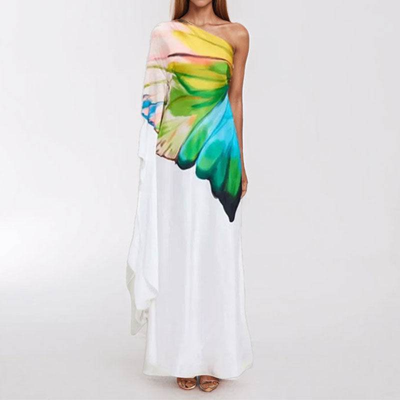 Elegant Floral Print One-Shoulder Maxi Dress