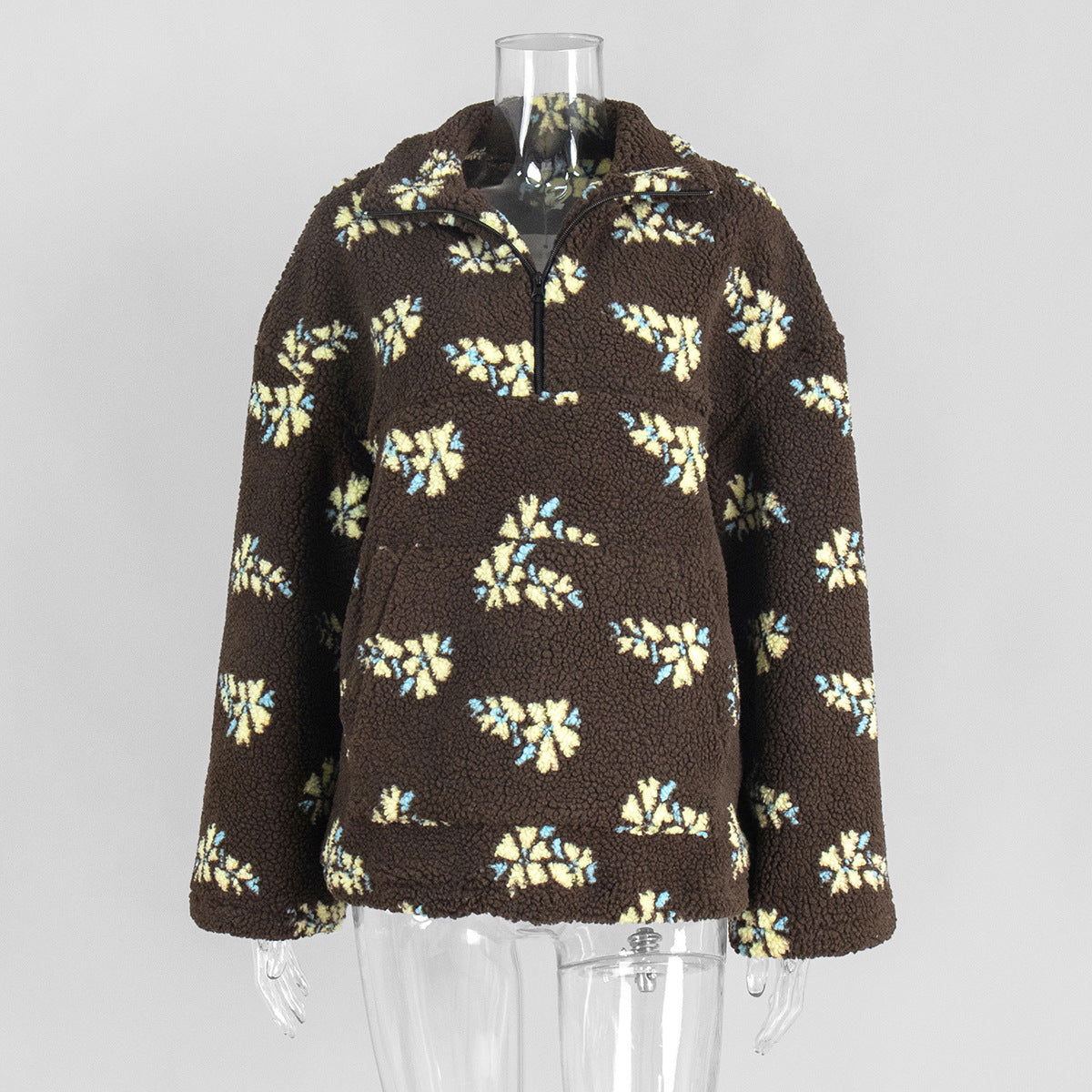 Floral Pattern Fleece Hoodie Casual Warm Sweatshirt