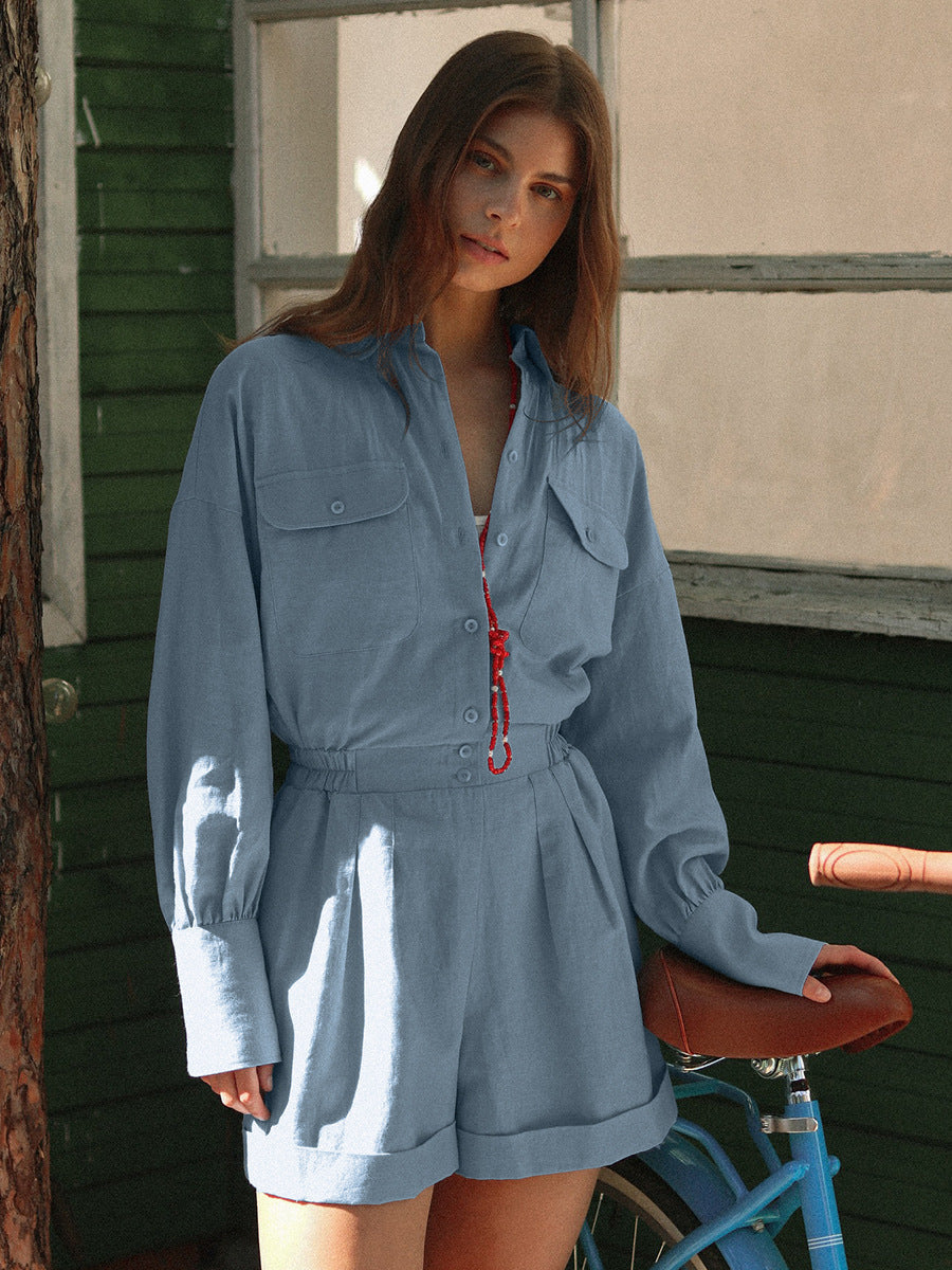 Casual Long Sleeve Jumpsuit With Pockets Comfortable High-Waisted Shorts