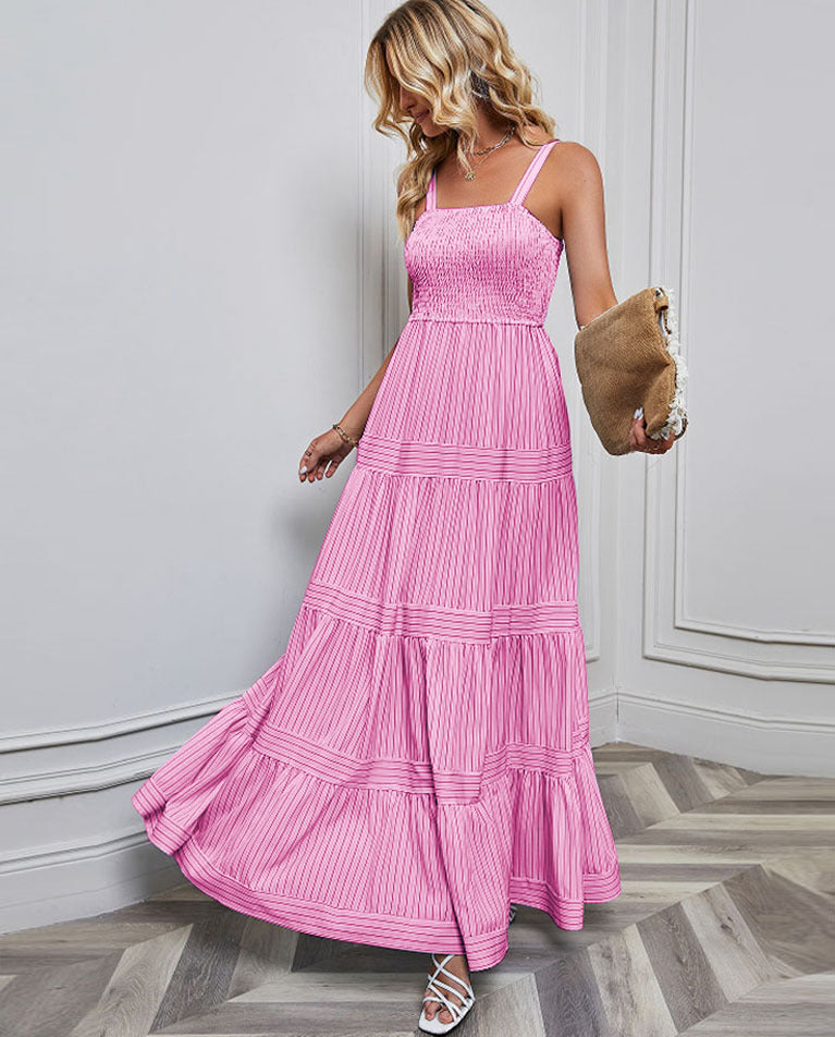 Solid Color Striped Spaghetti Long Dress