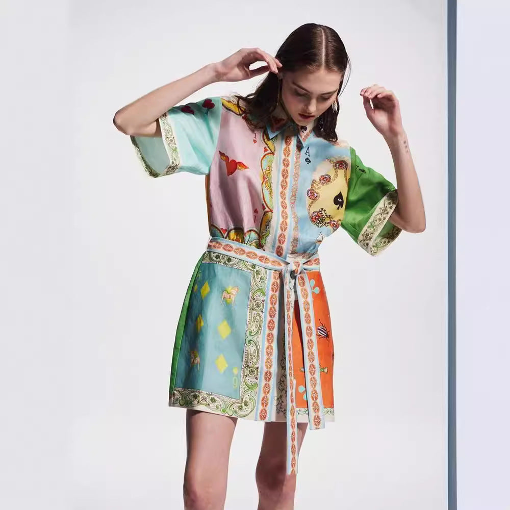 Casual Printed Linen Dress with Bell Sleeves