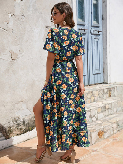 V-Neck, Short Sleeves, Lace-Up High-Rise Maxilla Dress, Beach Casual Dress