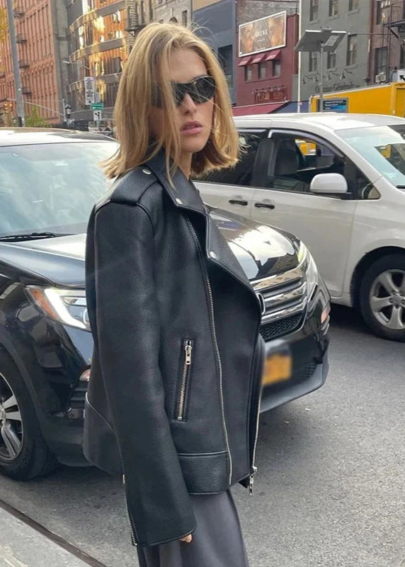 Oversized Faux Leather Moto Jacket With Zipper Details