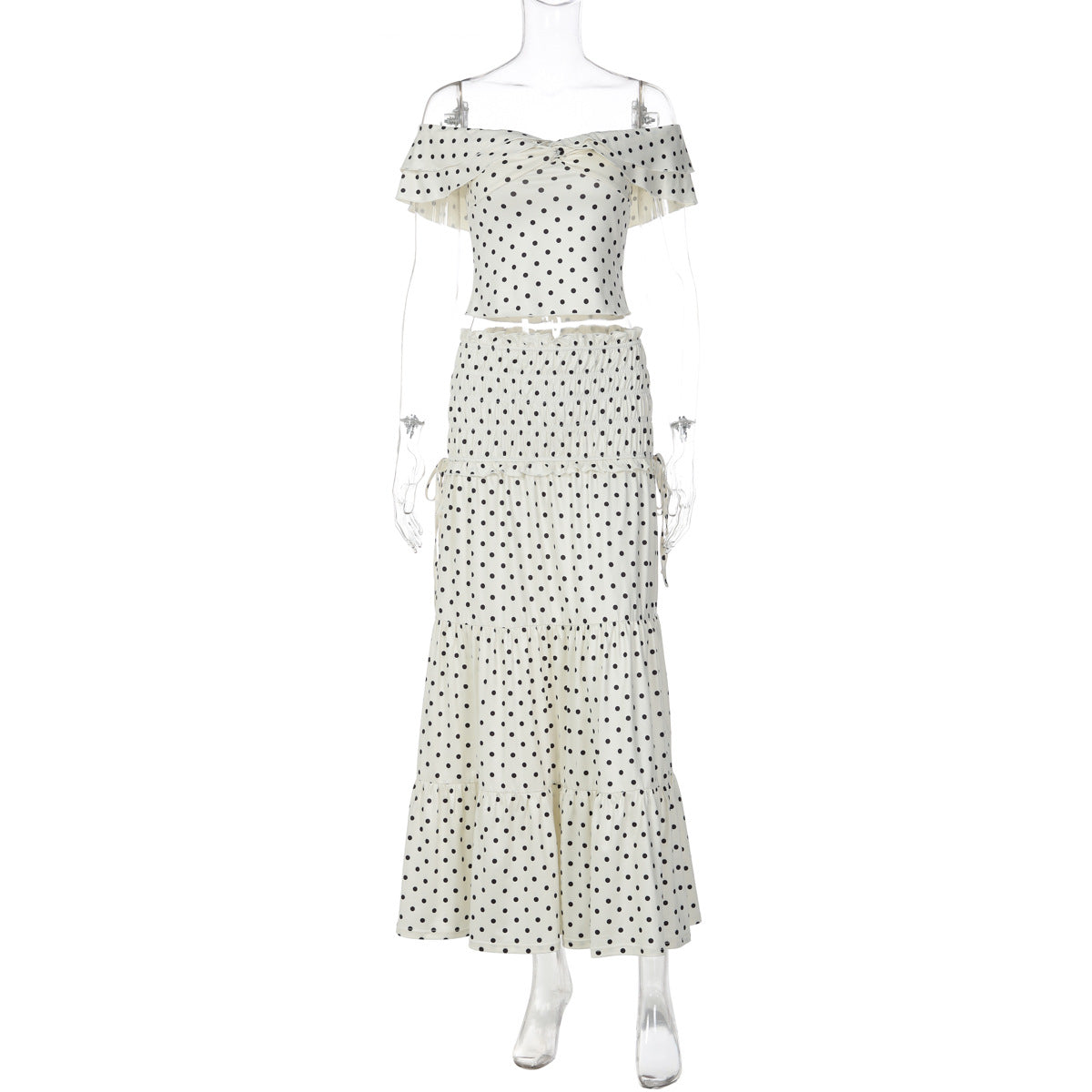 Trendy Dot Print Off-Shoulder Top and Long Skirt Set