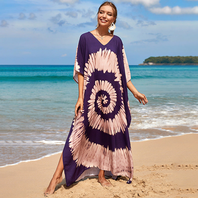 Printed Beach Skirt Loose Robe Seaside Holiday Bikini Swimsuit Smock Sunscreen Blouse Women