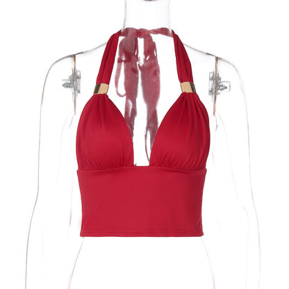 Sleeveless Deep V Neck Backless Bodysuit with Metal Detailing