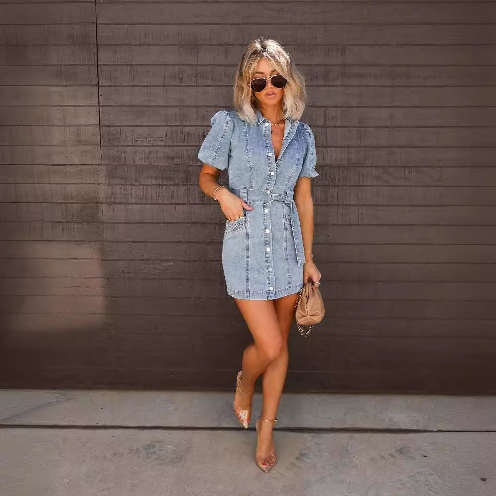Casual Denim Short Sleeve Dress with Polo Collar