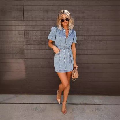 Casual Denim Short Sleeve Dress with Polo Collar