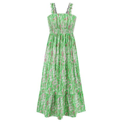 Summer Women'S Elegant Print Elastic Strap Skirt Holiday Style French Fragmented Flower Hanging Strap Long Dress