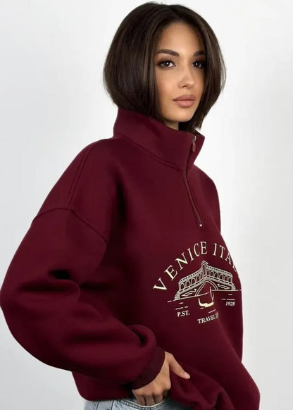 Quarter Zip Sweatshirt In Cozy Burgundy Fabric