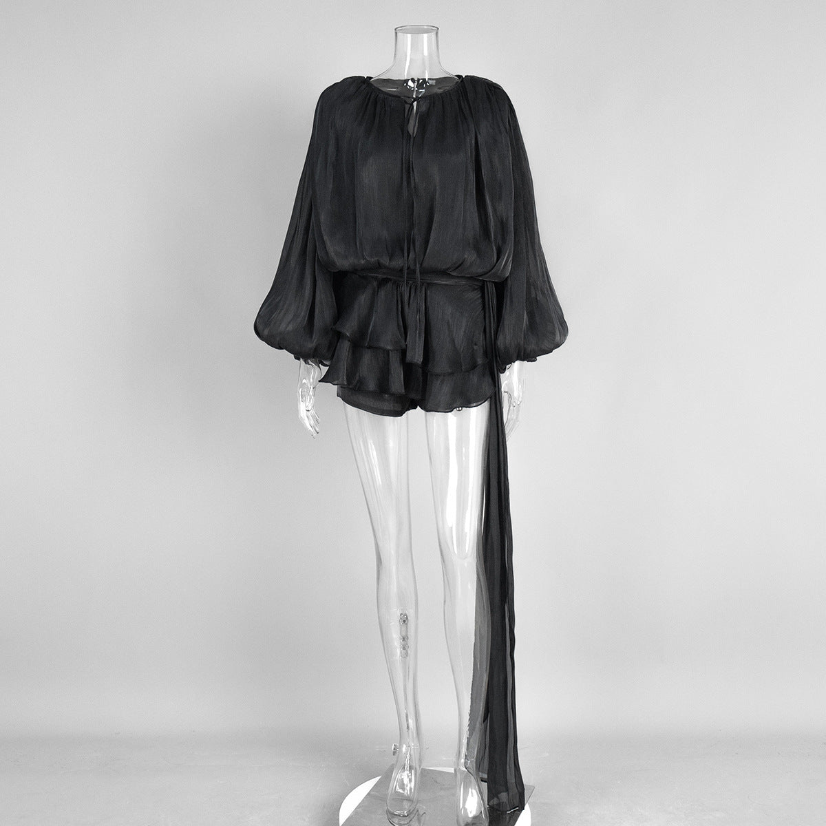 Chiffon Long Sleeve Dress With Lantern Sleeves