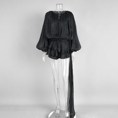 Chiffon Long Sleeve Dress With Lantern Sleeves