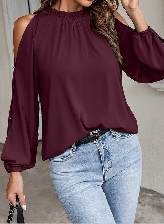 New Women'S Net Color Ruffle Round Neck, Long Sleeves, Creased Pleats, Off-The-Shoulder Fashion Blouse