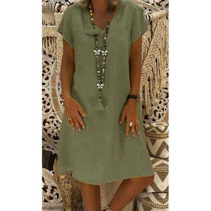Short Sleeve Medium Skirt V-Neck Dress