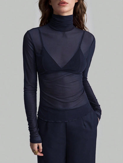 Mesh High Neck Long Sleeve Sheer Blouse