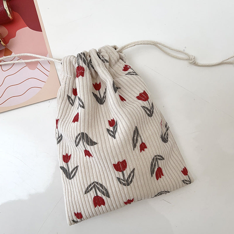 Mini Drawstring Corduroy Canvas Bag Portable Floral Storage Pouch