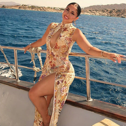 Elegant Floral Print Maxi Dress Bodycon Style