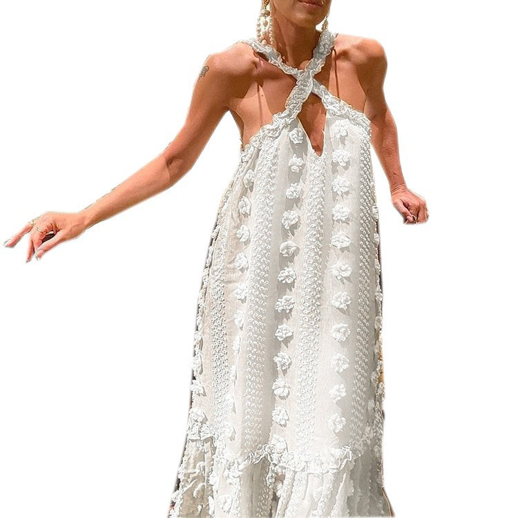 Elegant Solid Color Maxi Dress With 3D Floral Details