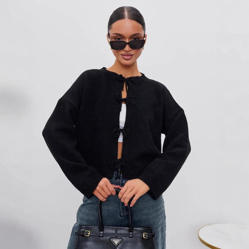 Autumn And Winter Casual Loose Cardigan Lace-Up Solid Color Knitted Sweater Women