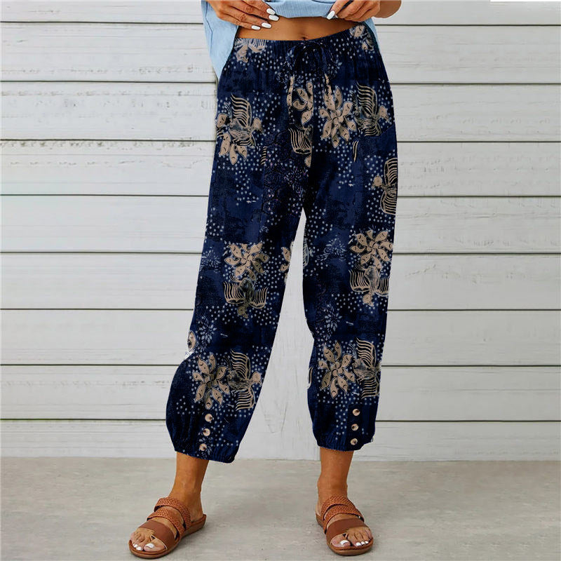 Cotton And Linen Women'S Pants High-Waisted Drawstring Cropped Pants Elasticated Waist Corset Retro Print Pants