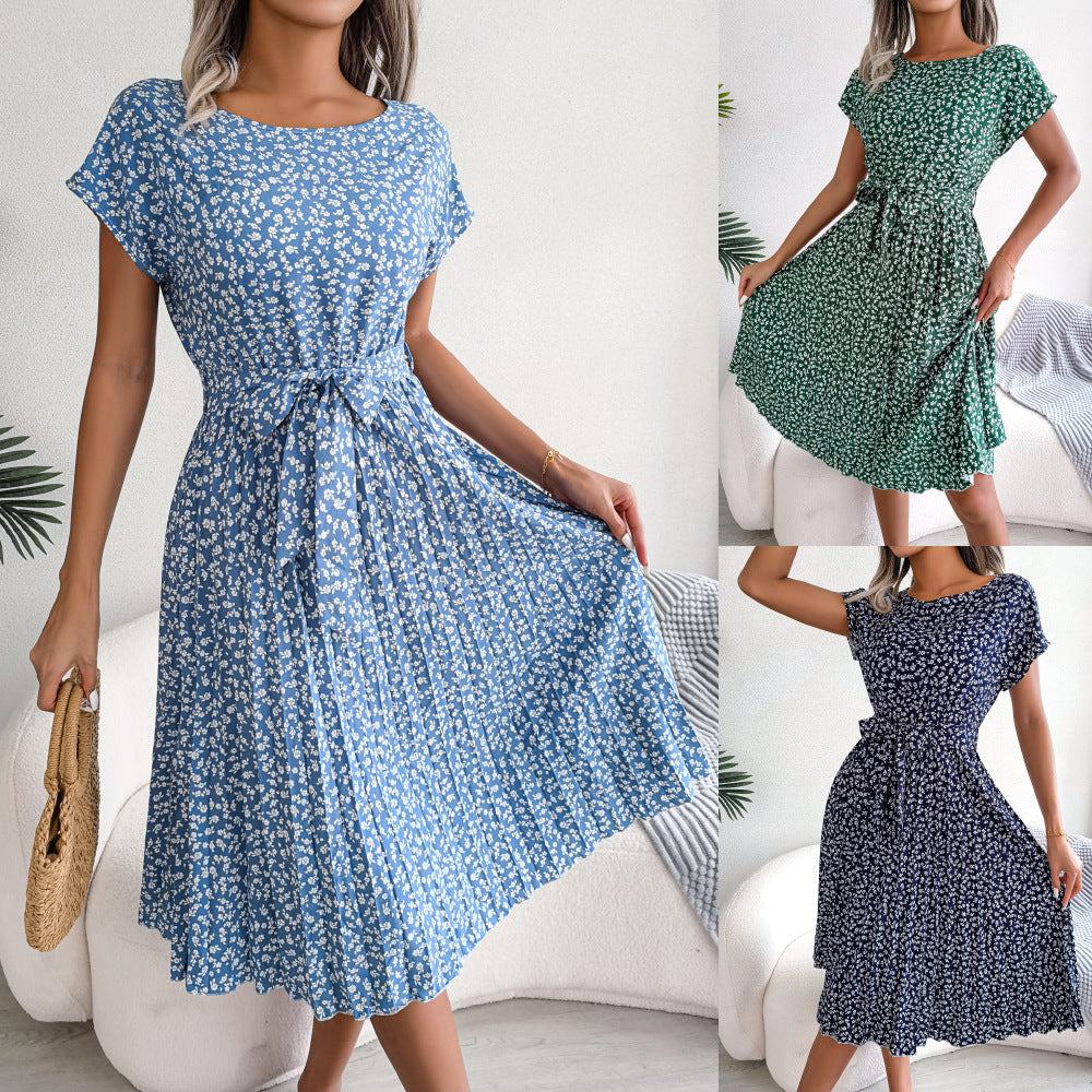 Spring And Summer New Casual Short-Sleeved Floral Big Pleated Skirt Women'S Clothing