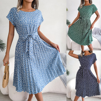 Spring And Summer New Casual Short-Sleeved Floral Big Pleated Skirt Women'S Clothing