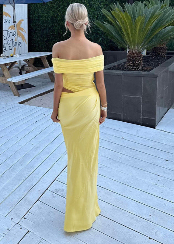Off Shoulder Ruched Maxi Dress In Soft Stretch Fabric