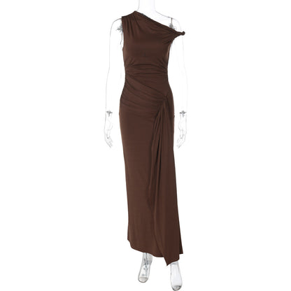 Elegant Asymmetrical Neck Sleeveless Midi Dress