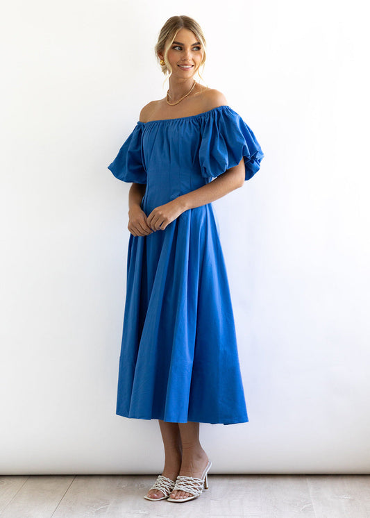 Off Shoulder Puff Sleeves Midi Dress