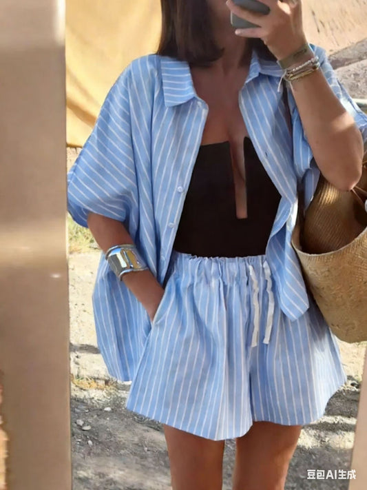 Striped Linen Shirt and Pocket Shorts Set for Women