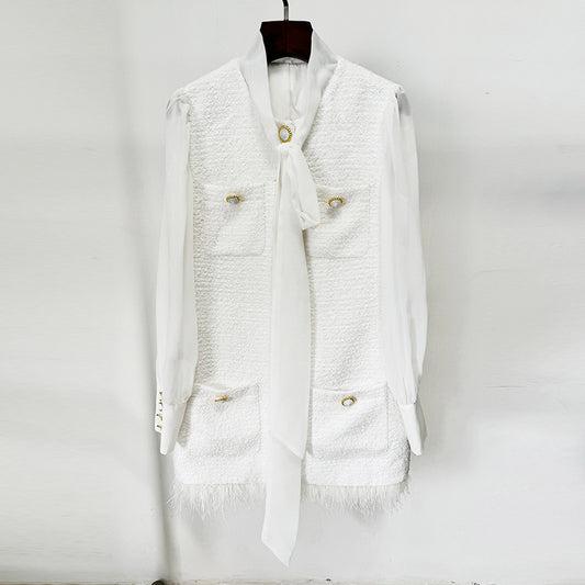 Chic Feather Hem Chiffon Dress With Boucle Paneling