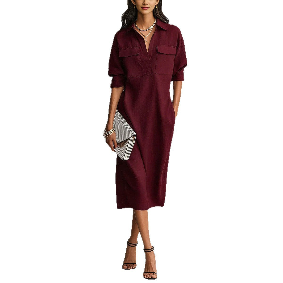 Linen Blend Shirt Midi Dress