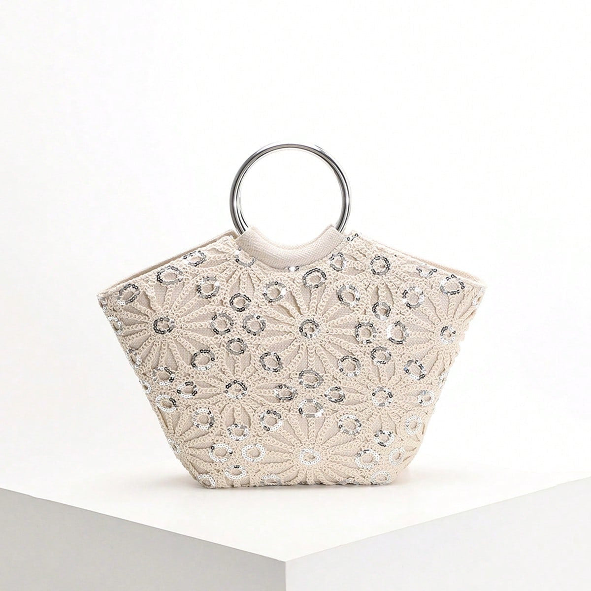 Elegant Floral Sequin Tote Bag With Bamboo Handle
