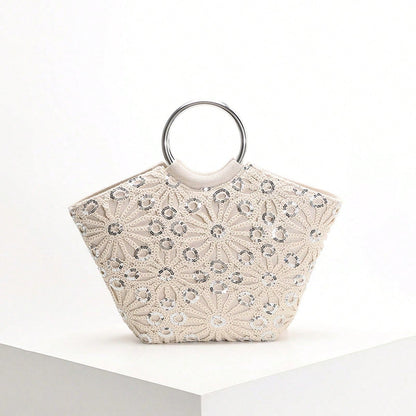 Elegant Floral Sequin Tote Bag With Bamboo Handle