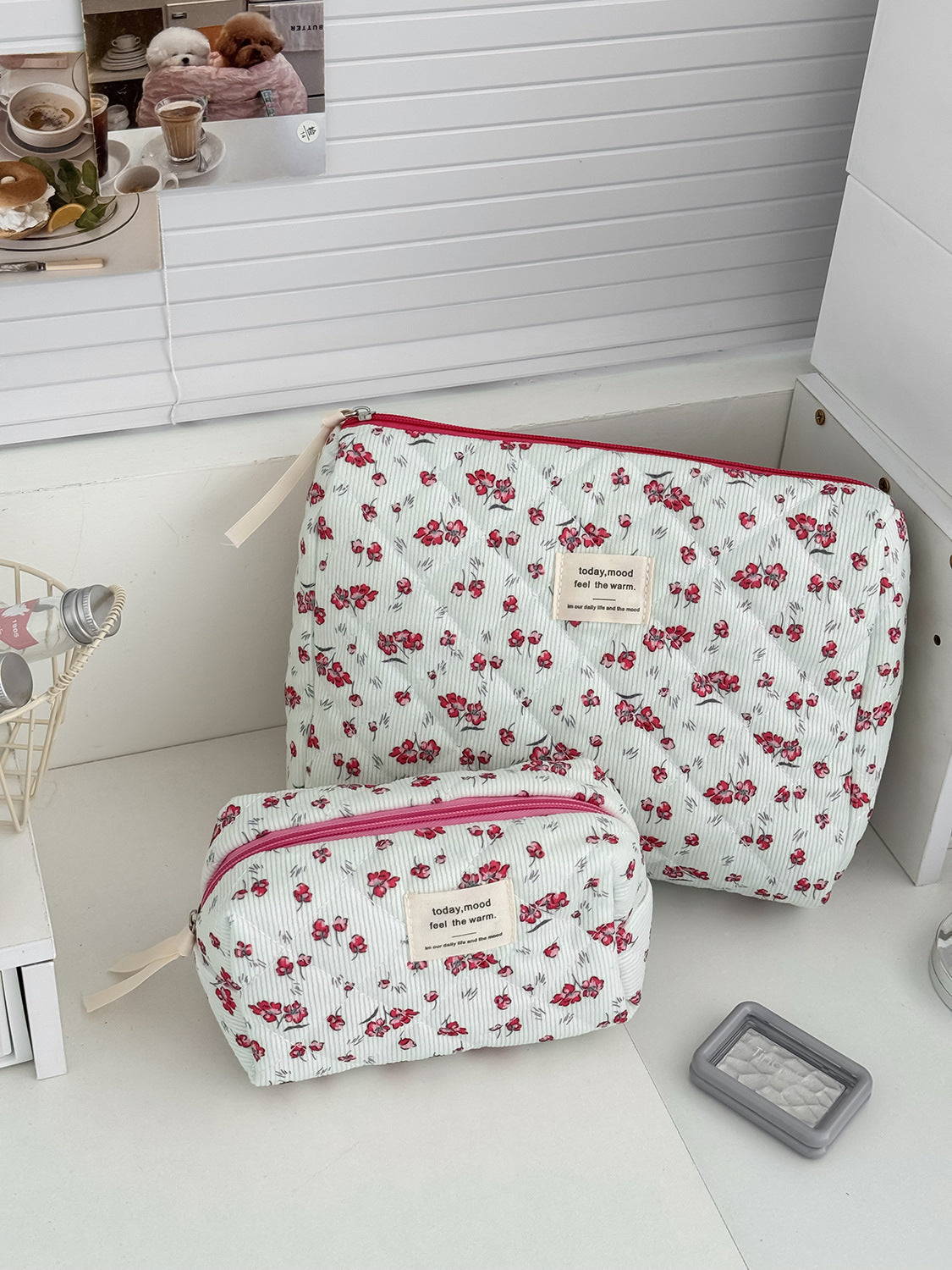 Floral Corduroy Makeup Bag Stylish Portable Toiletry Pouch