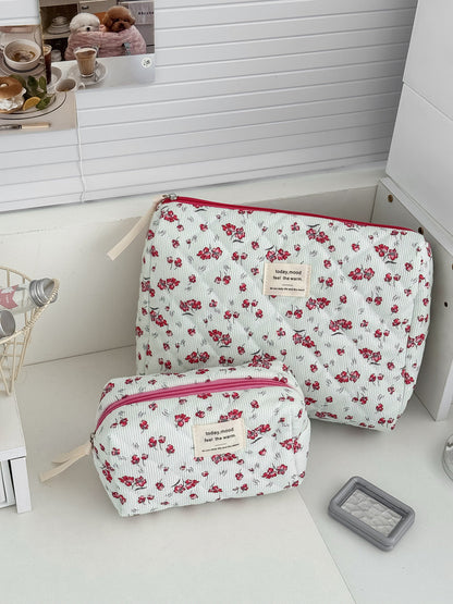 Floral Corduroy Makeup Bag Stylish Portable Toiletry Pouch