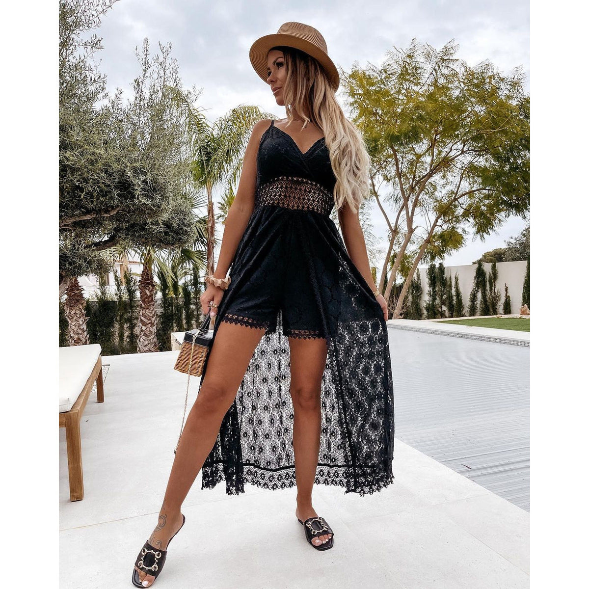 Scalloped Lace Spaghetti Strap High Low Flowy Maxi Dress