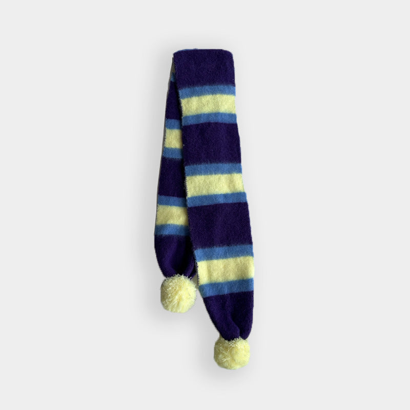 Striped Knit Scarf with Pom Poms for Women
