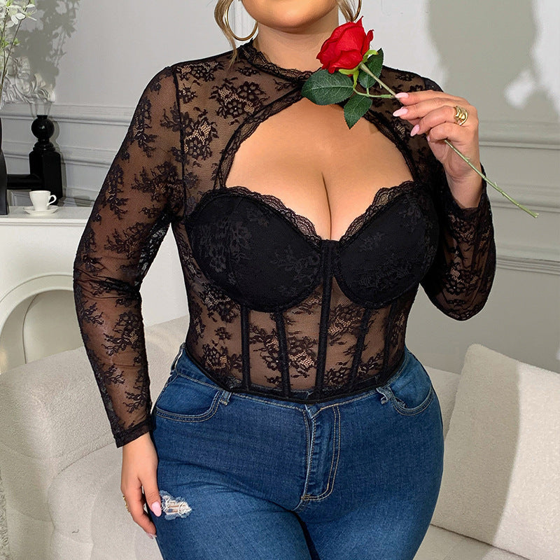 Sexy Lace Mesh Bodysuit With Boning For Curvy Women