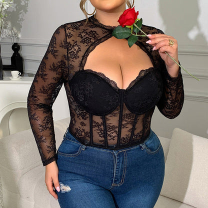 Sexy Lace Mesh Bodysuit With Boning For Curvy Women