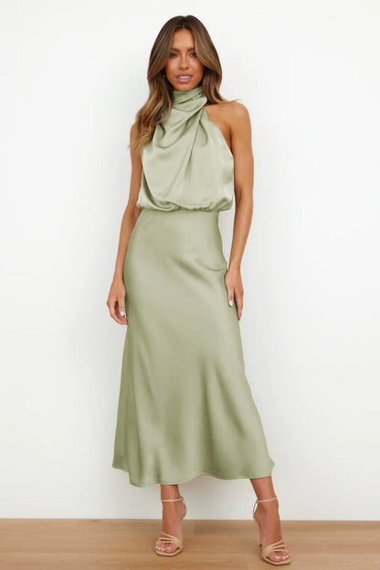 Elegant Sleeveless Satin Dress Casual Chic Evening Gown