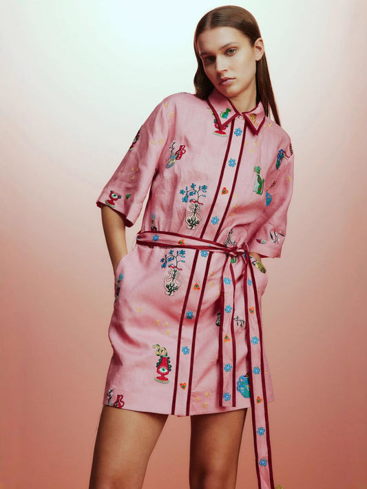 Linen Floral Midi Dress Elegant Casual Shirt Jacket