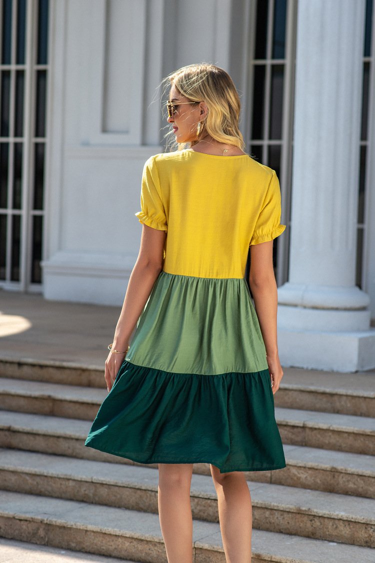 Solid-Colored Stitched Dress Spring/Summer New Women'S Short-Sleeved Dress Women'S Big Hem Beach Dress