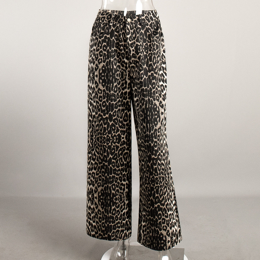 Leopard Print Wide Leg Pants Casual Street Style