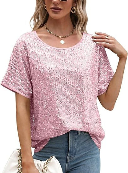 Sequin Deep V-Neck Short Sleeve Top