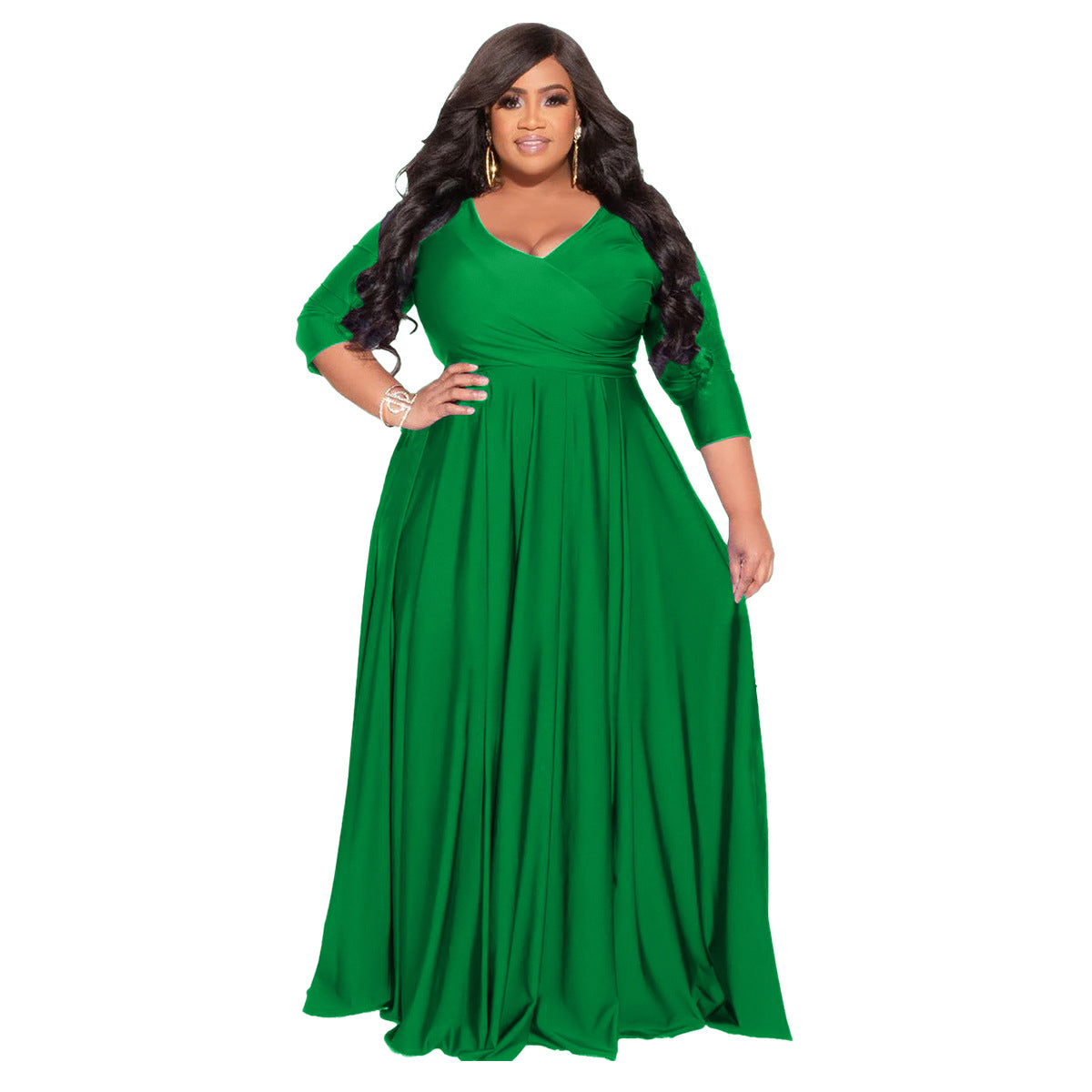 Plus Size Solid Color V-Neck Elegant Long Dress